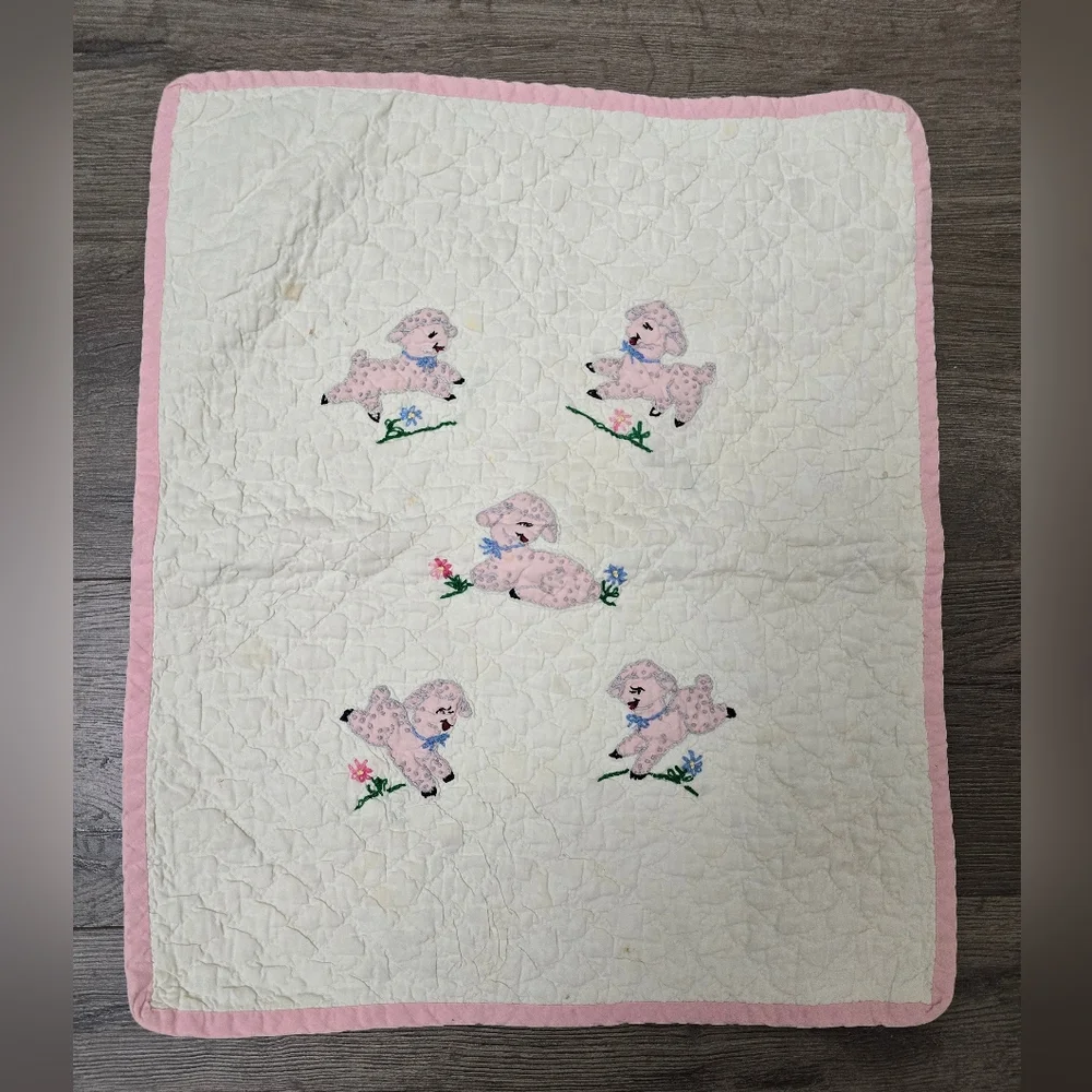Vtg Handmade Quilt Emroidery Baby Blanket Decor Lamb Flowers Pink Nursery